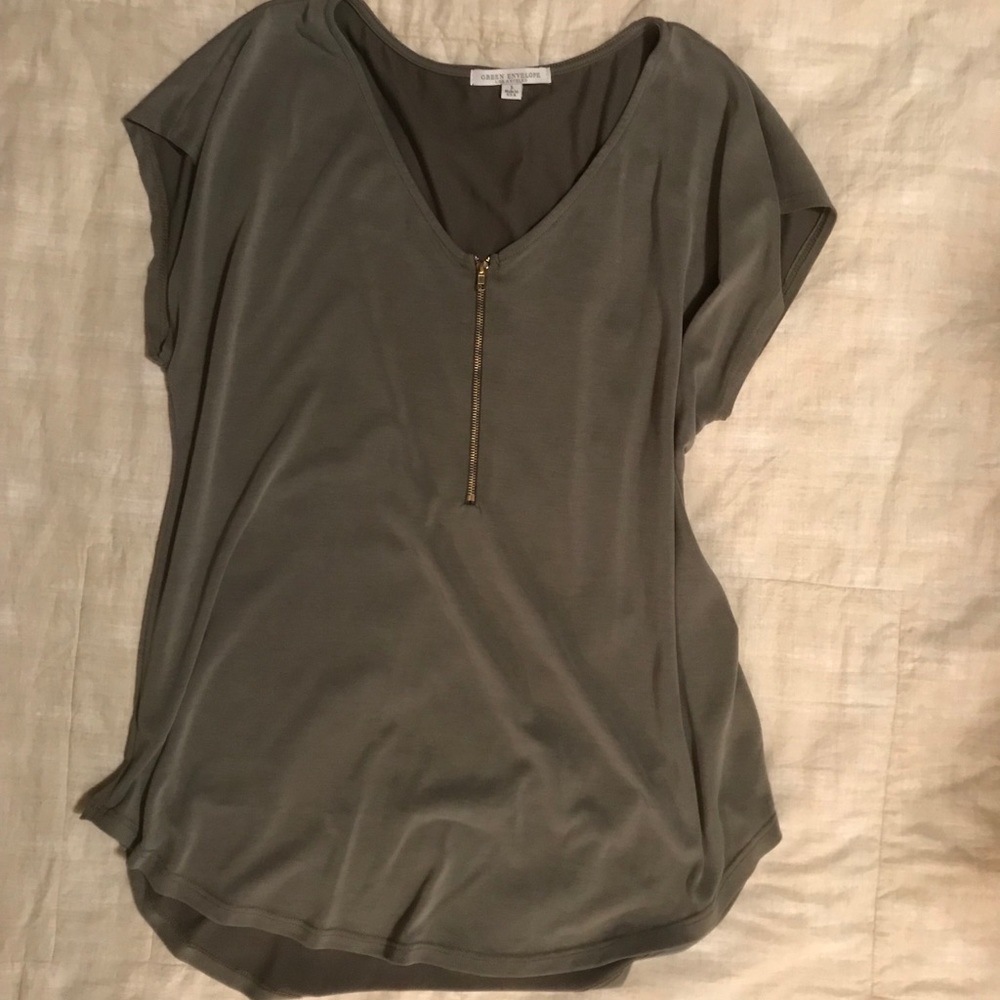 Olive Blouse with Gold Zipper Detailing